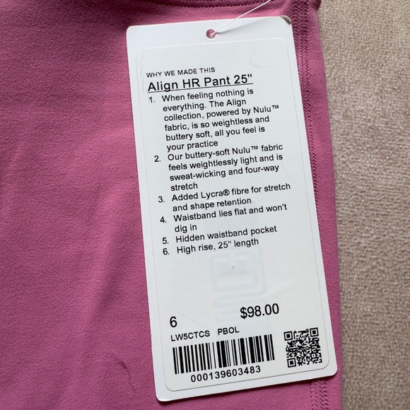 Lululemon Align HR pant 25" • size 6 • NWT • Pink - Picture 2 of 6